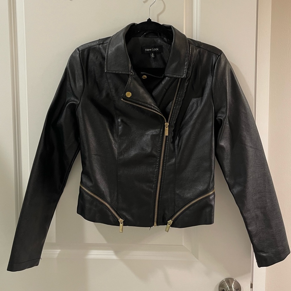 Black faux leather jacket with brass hardware